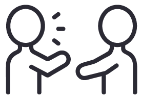 A simple line drawing of two people facing each other, with one person gesturing and three lines indicating communication or conversation.