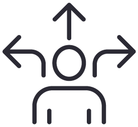Simple black outline of a person with three arrows pointing left, right, and up above their head, symbolizing decision-making or multiple choices.