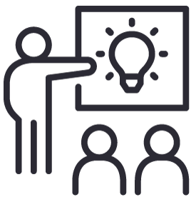 A simplified line drawing of a person pointing at a board with a lightbulb symbol, representing the sharing of an idea, while two other people watch.