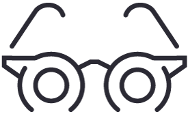 Minimalist line drawing of a pair of round eyeglasses with simple curved lines above them, resembling eyebrows, on a light gray background.